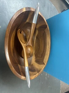 Nambe Eclipse Acacia Wood Salad Bowl with Servers (12.5") Brown Silver - Picture 1 of 5