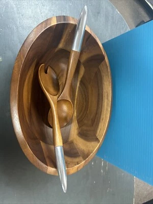 Nambe Eclipse Acacia Wood Salad Bowl with Servers (12.5") Brown Silver - Image 1 of 4