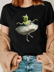 Women's Fashion Ballet Frog Print T-Shirt, Casual Round Neck Short Sleeve - Picture 1 of 12