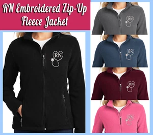RN Embroidered Heart Zip Fleece Jacket Comfortable Nurse Apparel Color Variety - Picture 1 of 15
