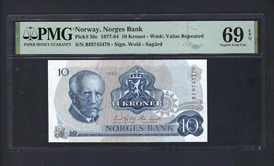 Norway 10 Kroner 1982 P36c Uncirculated Grade 69 Top Pop - Image 1 of 2