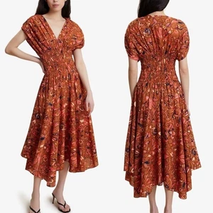 Neu mit Etikett A.L.C. Lucia Blumen V-Ausschnitt gesmokte Taille A-Linie Midikleid in Multi Größe 12 - Bild 1 von 10