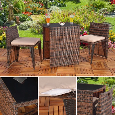 Gartenmöbel-Set 3er aus Poly Rattan 2 Sitzhocker und Tisch Braun Sitzgarnitur - Bild 1 von 4