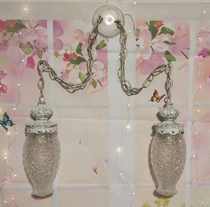 Vintage Glass & Brass Hanging Pendant Ceiling Light Fixture 2' Chains On Both - Picture 1 of 12