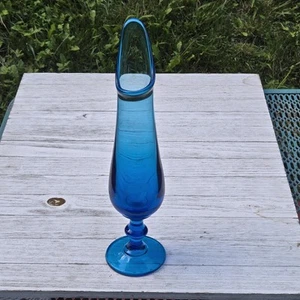 Vintage Blue Glass Swung Vase 13" Footed Mid Century Modern Unmarked Fenton?  - Picture 1 of 11