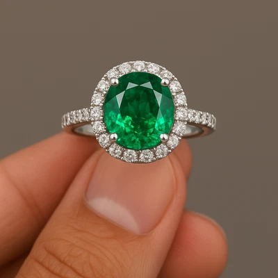 estate emerald 14k gold ring halo white igi certificate - Image 1 of 4