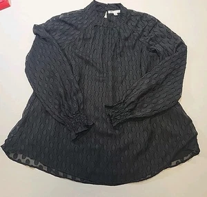 DR2 Women Top Burnout Blouse Tunic High Neck Sheer Sleeves Ruffle Cuff XS Black - Picture 1 of 19