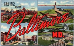 Saludos desde BALTIMORE, Maryland MD multi vista c1942 lino - Postal - Imagen 1 de 2