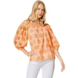 Lilly Pulitzer Kerrigan Cantaloupe Sunflower Eyelet Top Sz M NWT B-W - Picture 1 of 5
