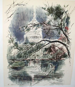 John Haymson Hand-Colored Watercolor Print, U-S-CAPITOL, Listed-Artist 1940's - Picture 1 of 10