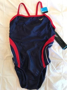 New Womens Speedo Rapid Spliced Energy Back PowerFLEX Swimsuit Navy Red 28 $74 - Picture 1 of 10