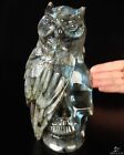 7.2" Labradorite Hand Carved Crystal Skull and Owl Fine Art Sculpture