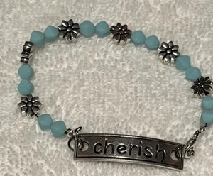 Cherish Link Bracelet w/ silvertone flowers & blue bicone 4mm bead NEW Handmade - Picture 1 of 2