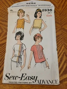 Shirt Tank Top Advance Sewing Pattern 2935 Girls 7 VTG 60 Easy Retro Shell UNCUT - Picture 1 of 4