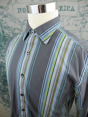 Gap 男式长袖修身高级衬衫纽扣前蓝色/灰色 M 条纹 R936a — 第 1/4 张图片