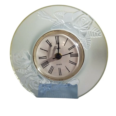 Elegance Lucite Quartz Clear Blue Mantle Clock With Floral Design Battery Operat Cover