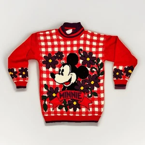Vintage Mickey & Co Minnie Mouse Knit Sweater Red Floral Youth - Picture 1 of 5