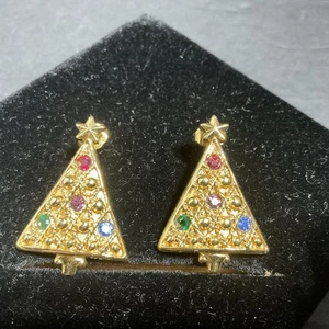 Vintage Avon Ohrringe goldfarben durchbohrt Weihnachtsbaum mehrfarbige Steine  - Bild 1 von 4