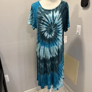 LuLaRoe Carly Swing Dress Large Tie Dye No Pocket NWT Blue Swirl Short Sleeve - Picture 1 of 7