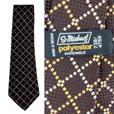 Cravate Kipper Large Vintage St Michael Années 70 Mod Homme À Carreaux Marron - Photo 1/4