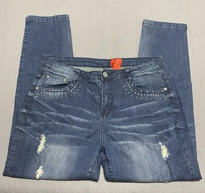 Pantalones de mezclilla V Cristina para mujer 14 azul lavado oscuro ajustados tiro alto elásticos pedrería Foto 1 de 4