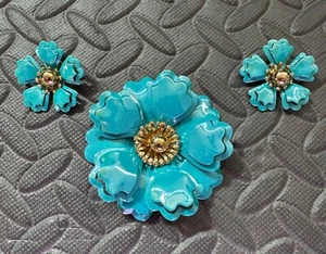 Vintage Lagenlook Emaille Blume Anstecknadel Brosche Türkis Blau Goldfarben mit Clip-ons - Bild 1 von 15