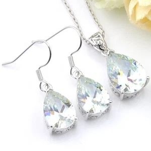 Drop Bright Fire White Topaz Silver Dangle Earrings Pendant Necklace Jewelry Set - Picture 1 of 8