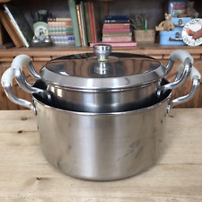 2 Double Handled Stock Pots Stainless Steel Saucepans Heavy Flat Bottom Vintage.