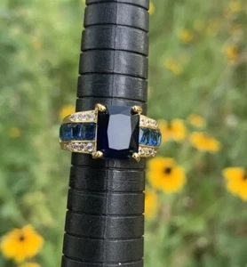 Simulated Radiant Blue Sapphire Anniversary Ring Size 6.75 18KGP CZ Rhinestone - Picture 1 of 6