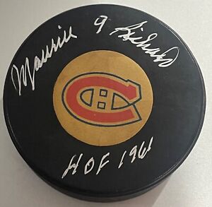 Maurice Richard 'HOF 1961 ins" GAME USED Canadiens Puck Signed Autographed PSA