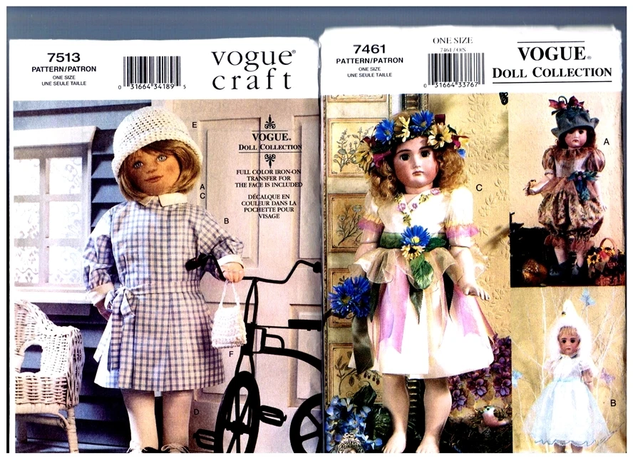 VOGUE 7461 Heirloom & 7513 Doll Clothes PATTERNS Dresses 18" American Girl  - Image 1 of 1