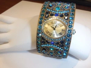 Heidi Daus Rhinestone Studded Quartz Watch Bracelet Shades of Blue Stones Signed - Picture 1 of 8