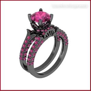 Oro nero 14 carati oltre 2,12 carati Rubino rosa reale taglio rotondo donna fantasia anello di nozze Set - Foto 1 di 5