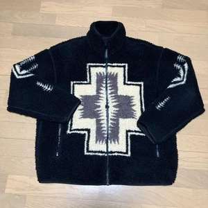 PENDLETON Boa Fleece Jacket Geometric patterns Size L Black Length 71cm - Picture 1 of 13