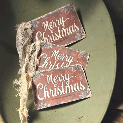 6 Primitive Merry Christmas Gift Hangtags Handcut, Handpunched & Sealed - Image 1 of 4
