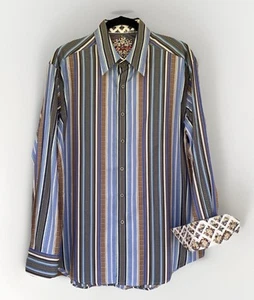 Robert Graham Flip Cuff Shirt Men L Silk Diamond Embroidery Brown Blue Stripes - Picture 1 of 18