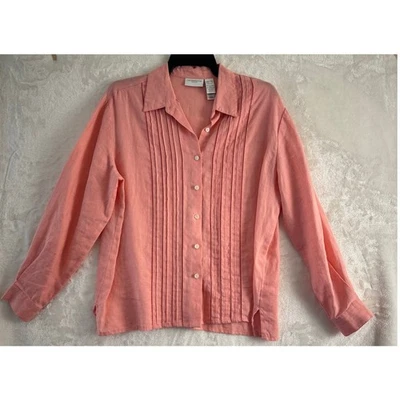 Liz Claiborne 百褶纽扣 100% 亚麻衬衫 L 孔海滩 — 第 1/4 张图片