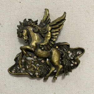 Broche prendedor vintage firmado JJ Jonette tono bronce pegaso caballo estrellas - Imagen 1 de 7