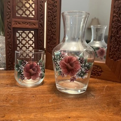 Vintage MCM Glass Pitcher and Tumbler Set Water Carafe Floral Design France EUC - Imagem 1 de 4