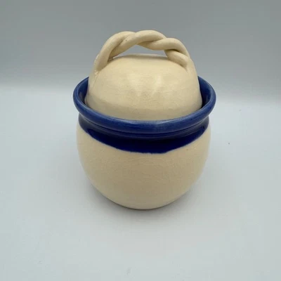 Handmade Pottery Butter Dish w Lid Blue Band Twisted Handle John Larson 11-24-62 - Image 1 of 4