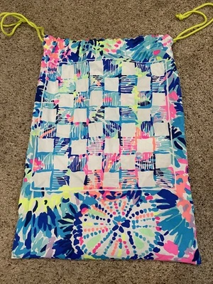 Lilly Pulitzer Drawstring Backpack Travel Bag Purse Checkers Blue Pink Green - Image 1 of 4