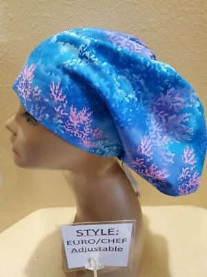 Coral (blue) Women's  Euro/Chef Surgical Scrub Hat/Cap Handmade - Image 1 of 4
