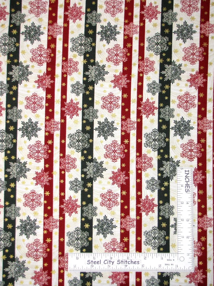 Tecido creme dourado listrado floco de neve Natal Benartex temporada festiva por jarda - Imagem 1 de 1