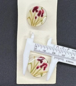 Vntg. Oiye Hand-Made Porcelain Buttons (6) Maroon Green Flower Glazed, 21mm, NOS - Picture 1 of 8