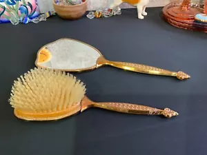 Vintage Hand Held Vanity Mirror and Hair Brush Set gold tone With Flowers - Picture 1 of 13