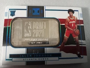 2021 Impeccable Jalen Johnson 1 OZ Silver NBA Draft Logo Bar RC FOTL #3/8 Hawks - Picture 1 of 2