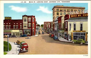 JOHNSON CITY, TENNESSEE - BELEBTE HAUPTSTRASSE MIT BLICK NACH OSTEN - LEINENPOSTKARTE - Bild 1 von 2