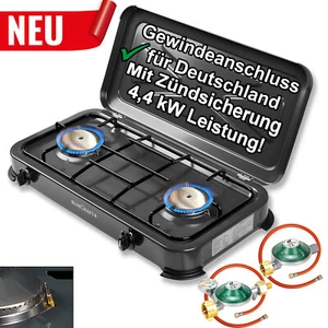 Campingkocher Gaskocher 2-flammig Gas Zündsicherung Gasschlauch Gasregler 3 4 - Bild 1 von 11