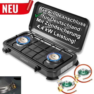 Campingkocher Gaskocher 2-flammig Gas Zündsicherung Gasschlauch Gasregler 3 4  - Bild 1 von 4
