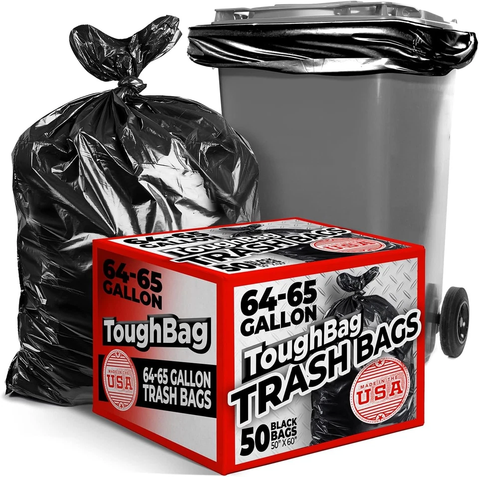 65 Gallon Trash Bags for Toter Black 50 Garbage per Case Cans Wastebaskets Home